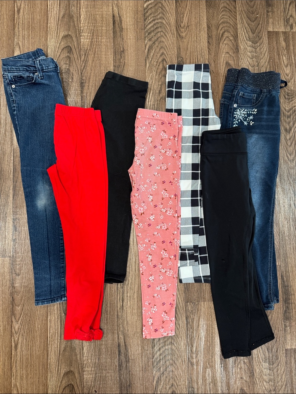 Lot Size 7/8 Girls' Leggings & Jeans Set - Black, Red, Denim, Pink, Plaid